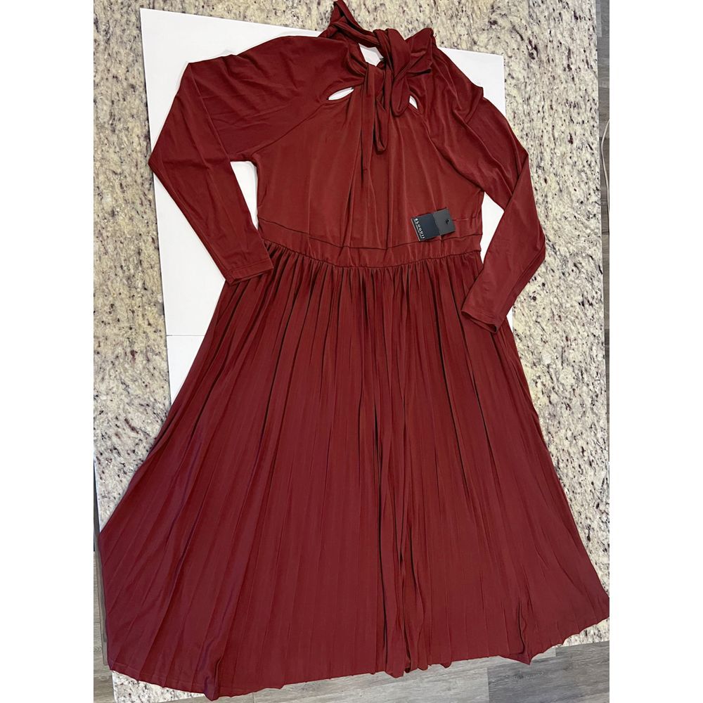 Eloquii Rust Colored Draped Bodice Midi Dress Pleated Skirt Peekaboo sz 18 NWT